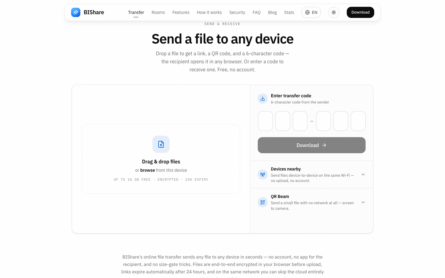 BIShare's web transfer sending a batch of full-resolution photos as ordinary files — no recompression layer between sender and receiver