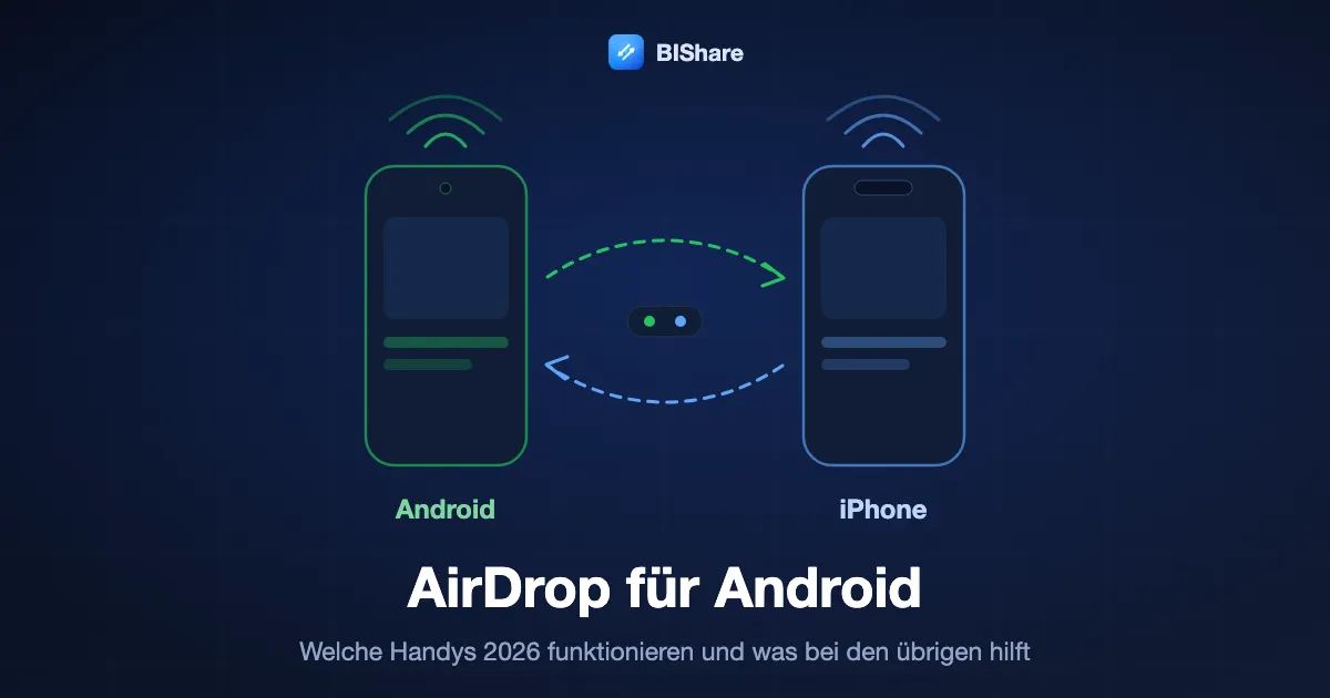 Ein Android-Handy und ein iPhone reichen sich Dateien in beide Richtungen, Titel AirDrop für Android, welche Handys 2026 funktionieren und was bei den übrigen hilft.