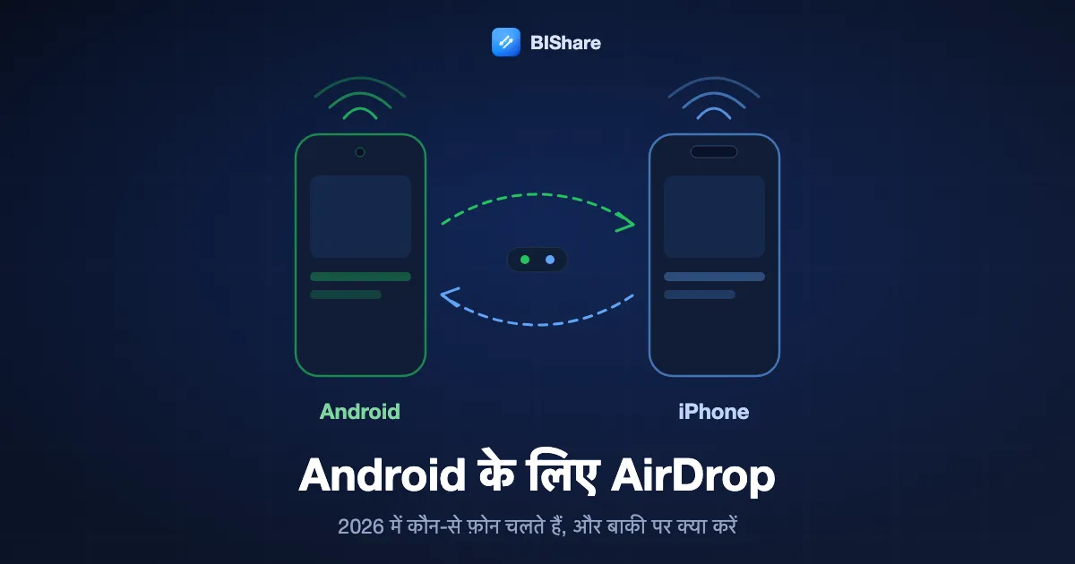 एक Android फ़ोन और एक iPhone दोनों दिशाओं में फ़ाइलें भेजते हुए, शीर्षक Android के लिए AirDrop, 2026 में कौन-से फ़ोन चलते हैं और बाकी पर क्या इस्तेमाल करें।