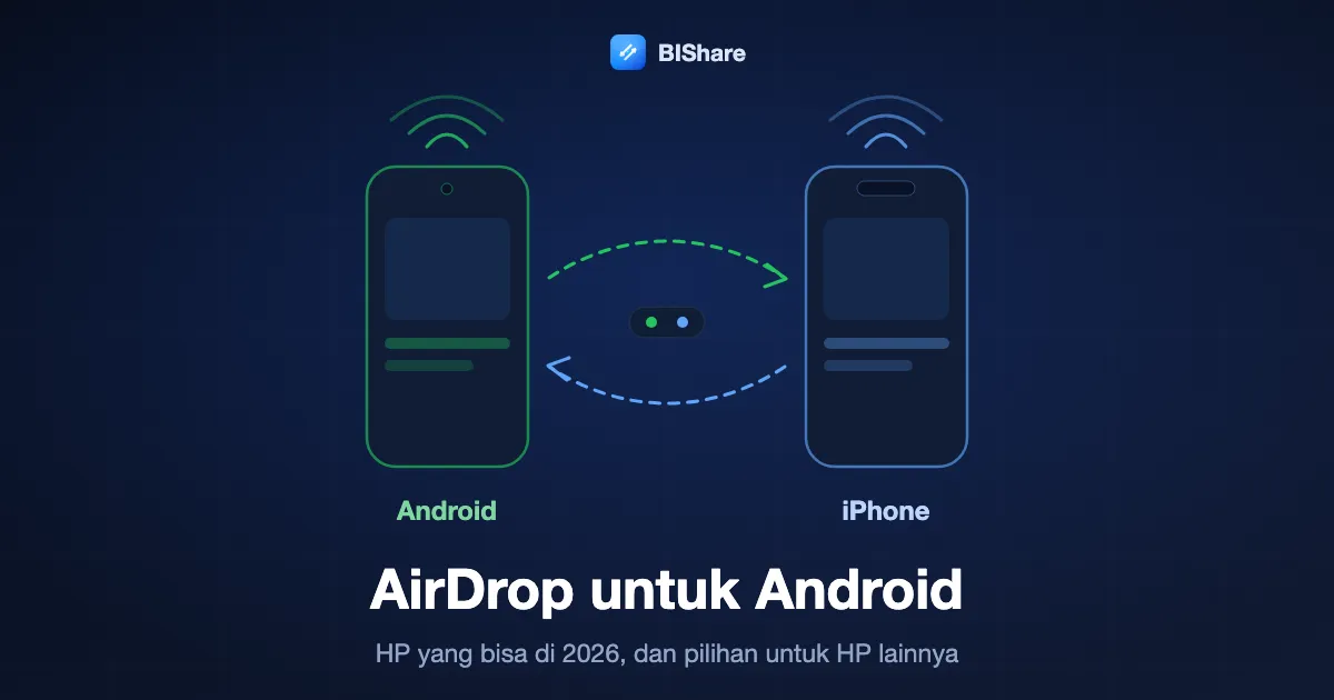 HP Android dan iPhone saling bertukar file dua arah, dengan judul AirDrop untuk Android, HP yang bisa di 2026 dan pilihan untuk HP lainnya.