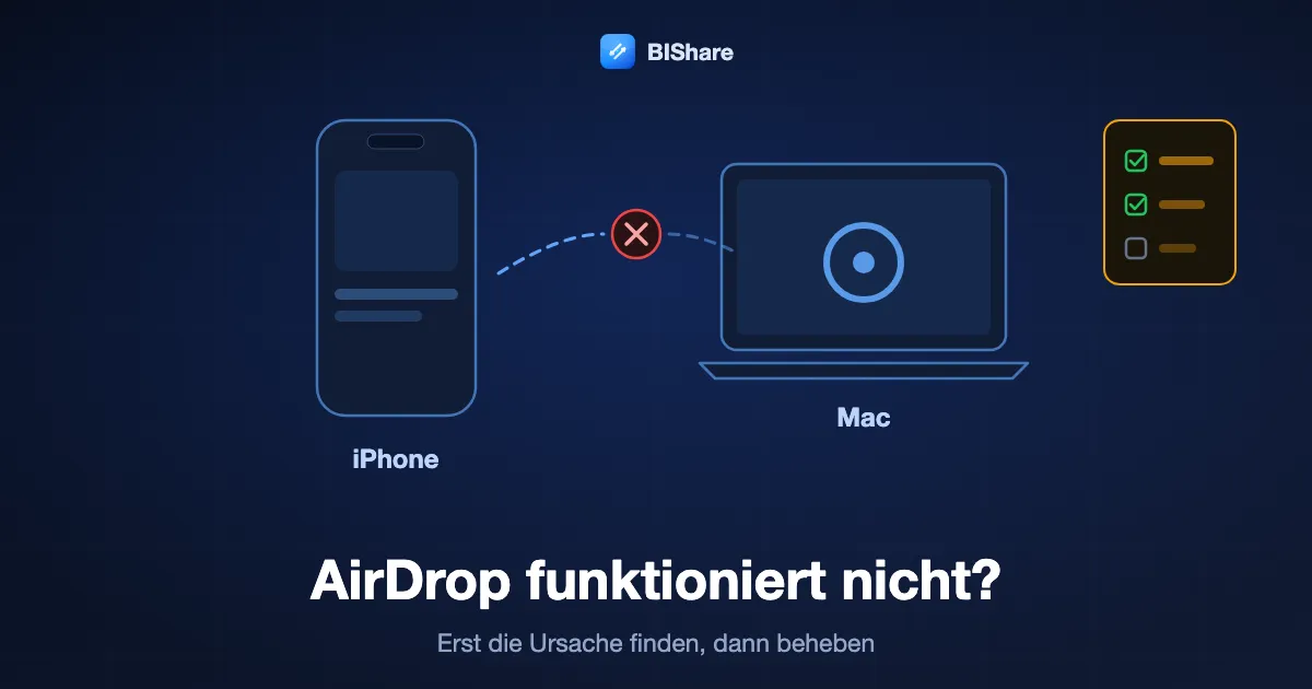 Ein iPhone und ein Mac mit einer unterbrochenen gestrichelten AirDrop-Verbindung dazwischen und einer Checkliste, Titel AirDrop funktioniert nicht, erst die Ursache finden.