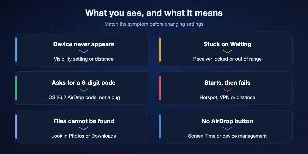 AirDrop symptoms and their usual causes: the device never appears means visibility or distance; stuck on Waiting means the receiver is locked or out of range; a six-digit code means iOS 26.2 AirDrop codes; failed transfers mean Personal Hotspot, VPN or distance; missing files are in Photos or Downloads; a missing AirDrop button means a Screen Time or management restriction.