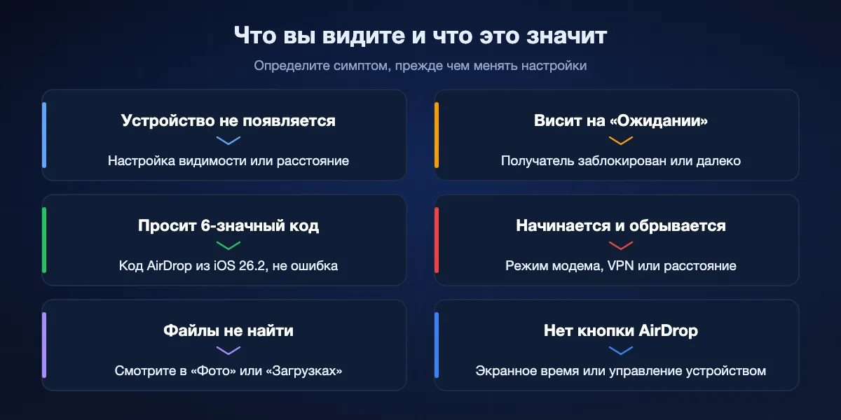 Симптомы AirDrop и их обычные причины: устройство не появляется значит видимость или расстояние; висит на Ожидании значит получатель заблокирован или вне зоны; шестизначный код значит коды AirDrop из iOS 26.2; обрыв передачи значит Режим модема, VPN или расстояние; пропавшие файлы лежат в Фото или Загрузках; нет кнопки AirDrop значит ограничение Экранного времени или управления устройством.