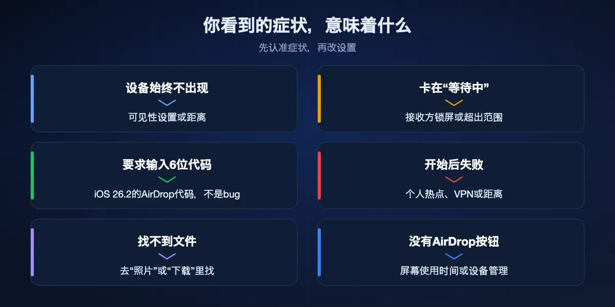 AirDrop的症状及常见原因：设备不出现是可见性或距离问题；卡在等待中是接收方锁屏或超出范围；六位数代码是iOS 26.2的AirDrop代码；传输失败是个人热点、VPN或距离；找不到的文件在照片或下载里；没有AirDrop按钮是屏幕使用时间或设备管理限制。