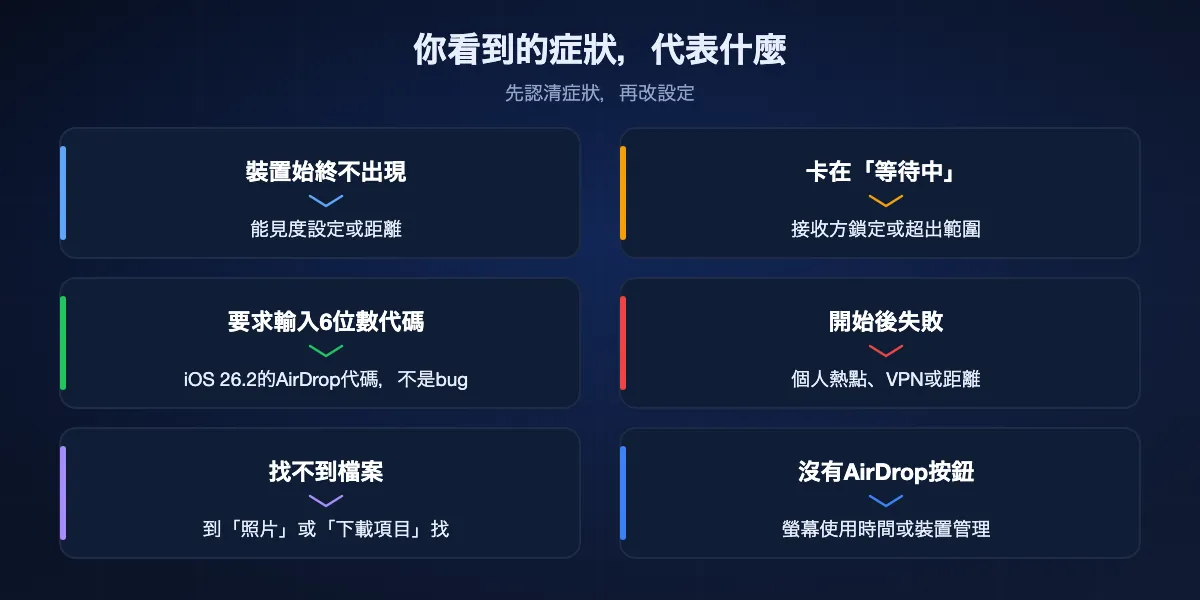 AirDrop的症狀與常見原因：裝置不出現是能見度或距離問題；卡在等待中是接收方鎖定或超出範圍；六位數代碼是iOS 26.2的AirDrop代碼；傳輸失敗是個人熱點、VPN或距離；找不到的檔案在照片或下載項目裡；沒有AirDrop按鈕是螢幕使用時間或裝置管理限制。