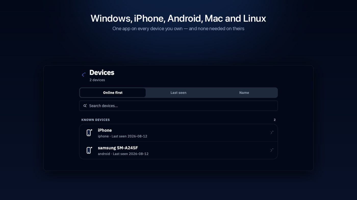 Die Geräteliste der BIShare-Desktop-App mit einem iPhone und einem Samsung-Android-Handy als bekannte Geräte und wann jedes zuletzt gesehen wurde.