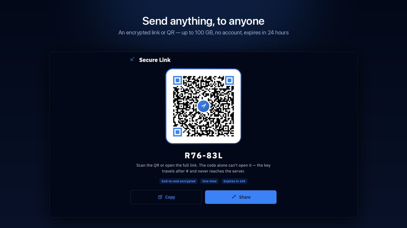 Ein fertiger sicherer Link: QR-Code, Kurzcode und Hinweise auf Ende-zu-Ende-Verschlüsselung, Einmal-Download und 24 Stunden Gültigkeit. Der Schlüssel steht hinter dem # und erreicht nie den Server.