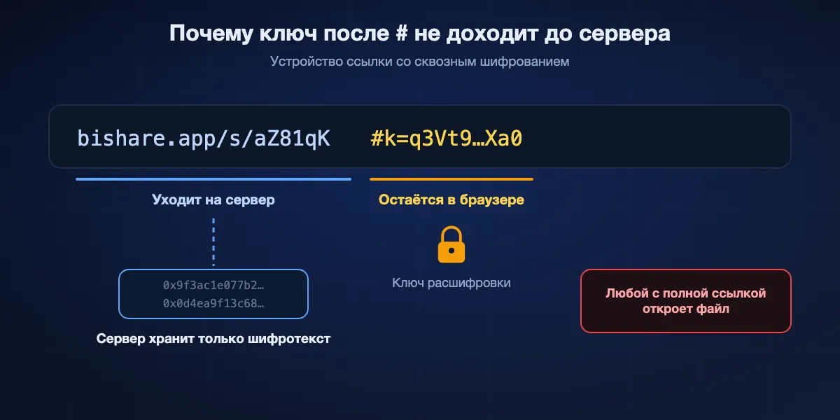 Как сквозная ссылка скрывает ключ от сервера: у ссылки есть адрес, который уходит на сервер, и фрагмент после знака # с ключом, который браузер никогда не отправляет, поэтому сервер хранит только зашифрованные данные.