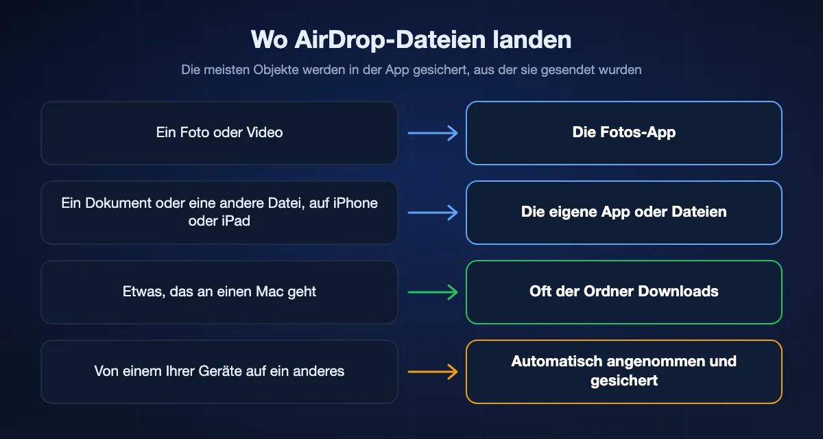 Wo AirDrop Empfangenes sichert: Fotos in der Fotos-App, andere Dateien in ihrer eigenen App oder in Dateien, der Ordner Downloads am Mac und automatisches Sichern zwischen Ihren eigenen Geräten