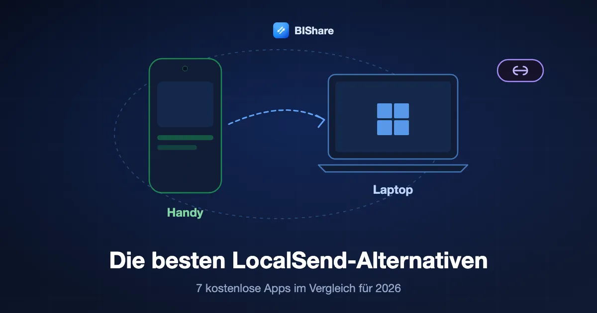 Ein Handy und ein Laptop tauschen im selben Netzwerk Dateien aus, ein Link reicht weiter hinaus, Titel: die besten LocalSend-Alternativen, sieben kostenlose Apps im Vergleich für 2026.