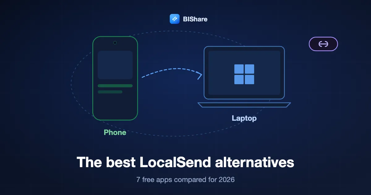 A phone and a laptop exchanging files on the same network, with a link reaching further out, titled the best LocalSend alternatives, seven free apps compared for 2026.