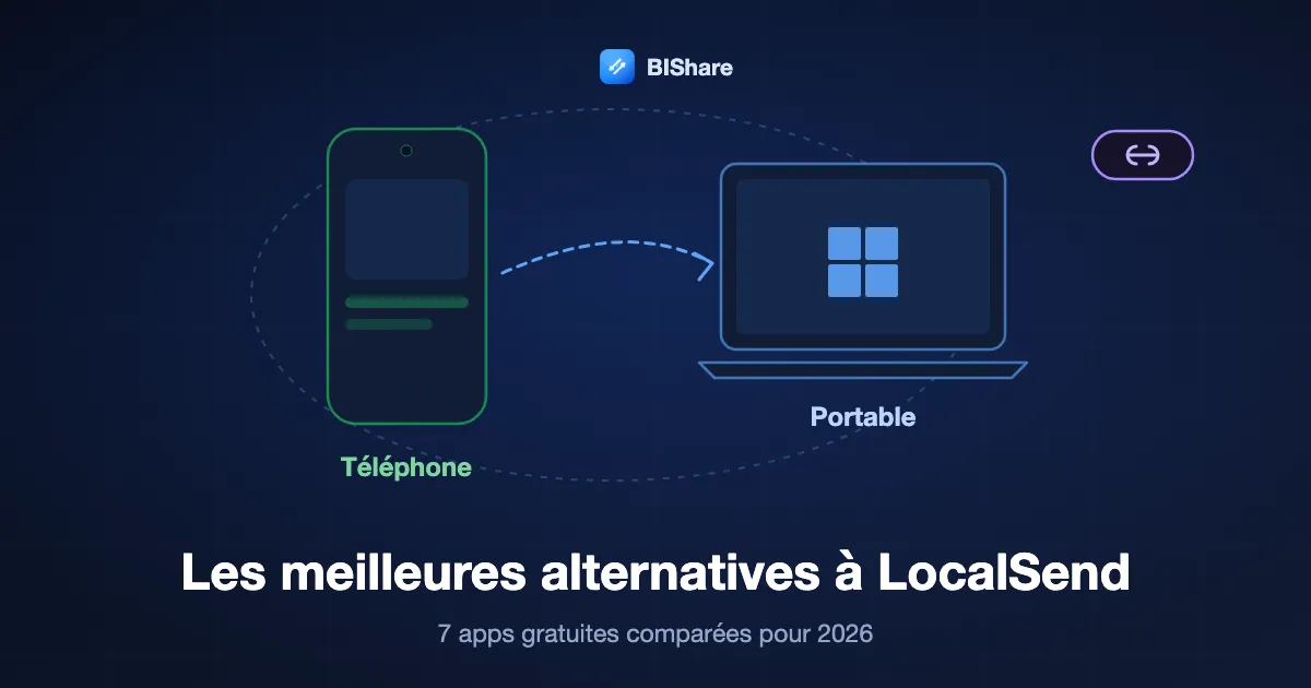 Un téléphone et un portable échangent des fichiers sur le même réseau, un lien porte plus loin, titre : les meilleures alternatives à LocalSend, sept applications gratuites comparées pour 2026.
