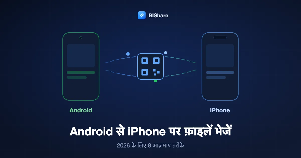 एक Android फ़ोन iPhone को फ़ाइलें भेज रहा है, शीर्षक: Android से iPhone पर फ़ाइलें भेजें, 2026 के लिए आठ आज़माए तरीके।