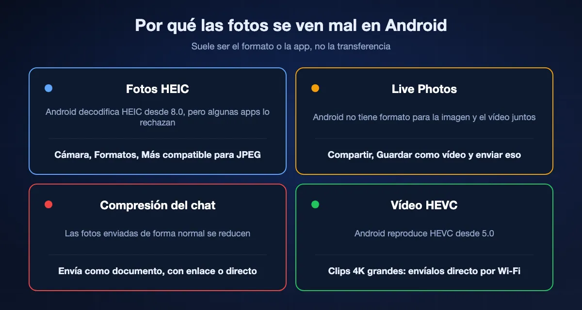 Cuatro motivos por los que las fotos del iPhone se ven mal en Android: los HEIC, que Android decodifica desde 8.0 y que Más compatible evita; las Live Photos, de las que solo llega la imagen fija salvo que se guarden como vídeo; las apps de chat, que comprimen salvo que se envíe como documento; y el vídeo HEVC, que Android reproduce desde 5.0.