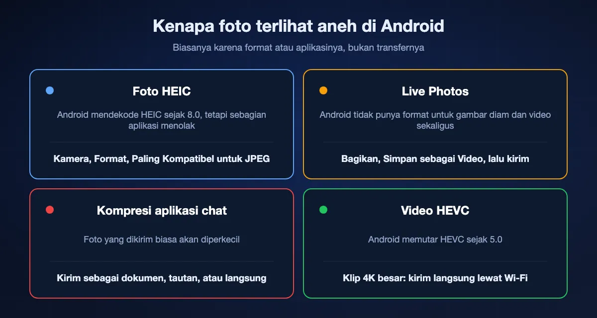 Empat alasan foto iPhone terlihat aneh di Android: file HEIC, yang didekode Android sejak 8.0 dan dihindari dengan Paling Kompatibel; Live Photos, yang hanya sampai gambar diamnya kecuali disimpan sebagai video; aplikasi chat yang mengompres foto kecuali dikirim sebagai dokumen; dan video HEVC, yang diputar Android sejak 5.0.