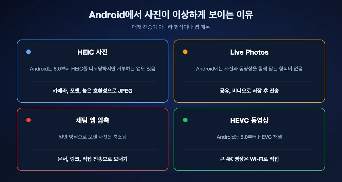 iPhone 사진이 Android에서 이상하게 보이는 네 가지 이유: Android가 8.0부터 디코딩하고 높은 호환성으로 피할 수 있는 HEIC 파일, 비디오로 저장하지 않으면 사진만 도착하는 Live Photos, 문서로 보내지 않으면 압축하는 채팅 앱, Android가 5.0부터 재생하는 HEVC 동영상.