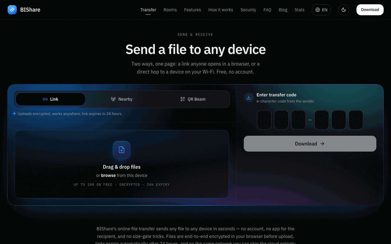 bishare.app/transfer before a file is added: the Link, Nearby and QR Beam tabs, a drop zone marked up to 100 GB free, and a box for entering a 6-character code.