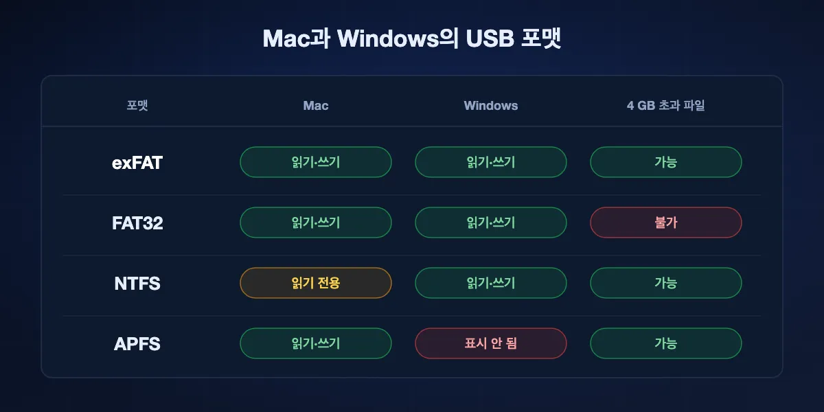 USB 포맷 표. exFAT은 양쪽에서 읽기와 쓰기 가능, FAT32는 4 GB 초과 파일 불가, NTFS는 Mac에서 읽기 전용, APFS는 Windows에 표시되지 않음.