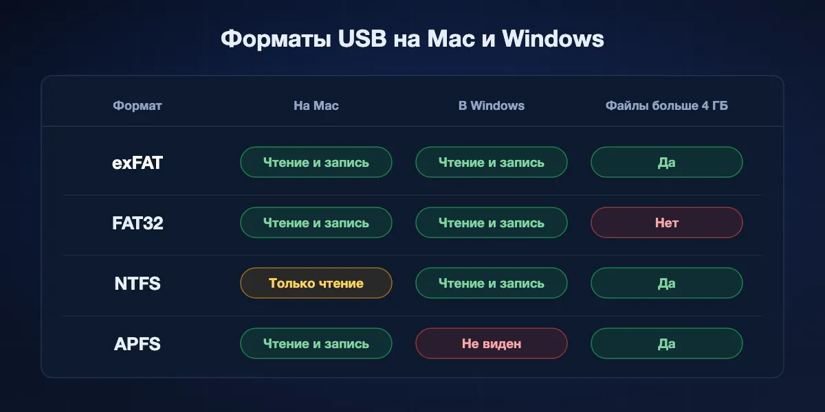Таблица форматов USB: exFAT читается и записывается в обеих системах, FAT32 не принимает файлы больше 4 ГБ, NTFS на Mac только для чтения, APFS не виден в Windows.