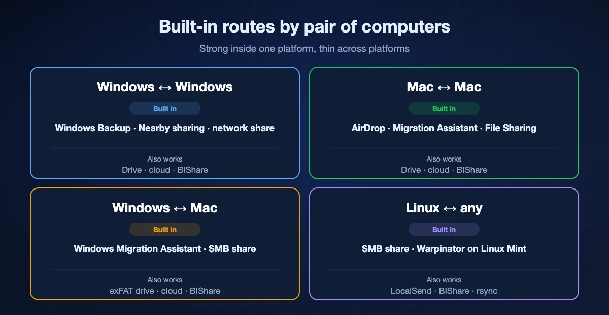 The best built-in routes for each pair of computers: Windows to Windows has Windows Backup transfer, Nearby sharing and network sharing; Mac to Mac has AirDrop, Migration Assistant and File Sharing; Windows to Mac has Windows Migration Assistant for a new Mac and network sharing or an exFAT drive; Linux mixes use SMB shares, Warpinator or a cross-platform app.