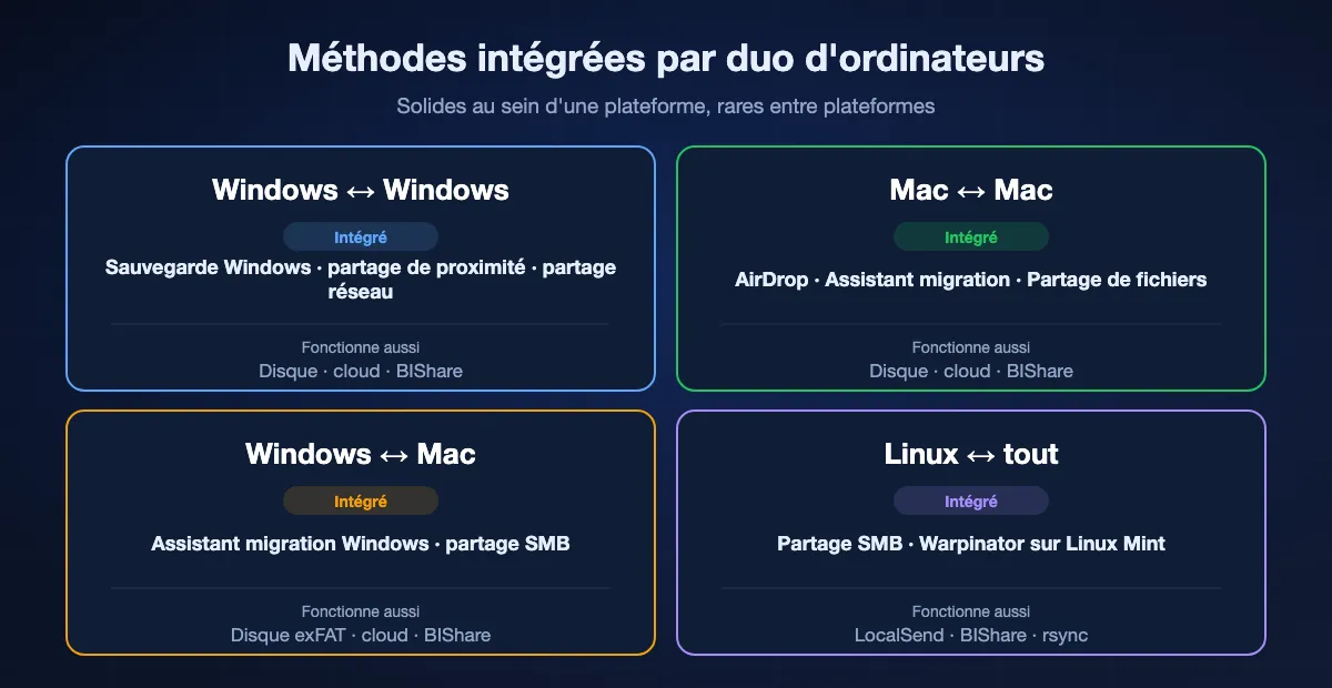 Les meilleures méthodes intégrées par duo d'ordinateurs : de Windows à Windows, transfert de Sauvegarde Windows, partage de proximité et partage réseau ; de Mac à Mac, AirDrop, Assistant migration et Partage de fichiers ; de Windows à Mac, Assistant migration Windows pour un nouveau Mac et partage SMB ou disque exFAT ; avec Linux, partages SMB, Warpinator ou application multiplateforme.