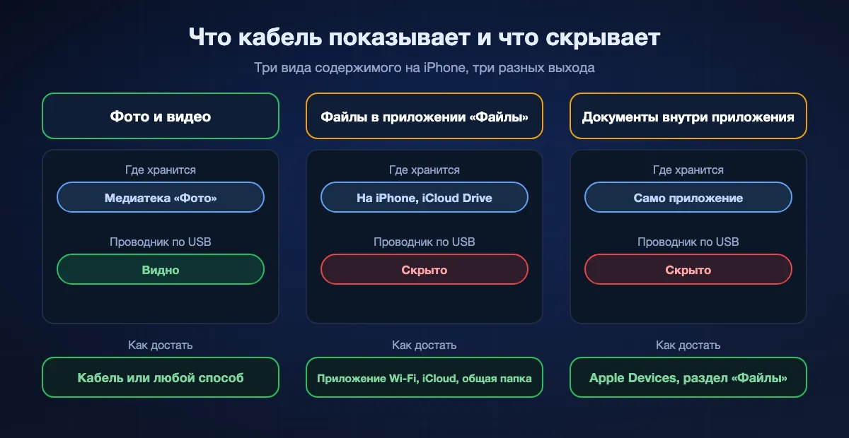 Что кабель USB показывает на ПК с Windows для трёх видов содержимого iPhone: фото и видео лежат в медиатеке «Фото» и видны в Проводнике; файлы из приложения «Файлы» лежат в разделах «На iPhone» или iCloud Drive и скрыты от Проводника, поэтому нужны приложение для Wi-Fi, iCloud Drive или общая папка; документы внутри приложения тоже скрыты и доступны через раздел «Файлы» в Apple Devices.