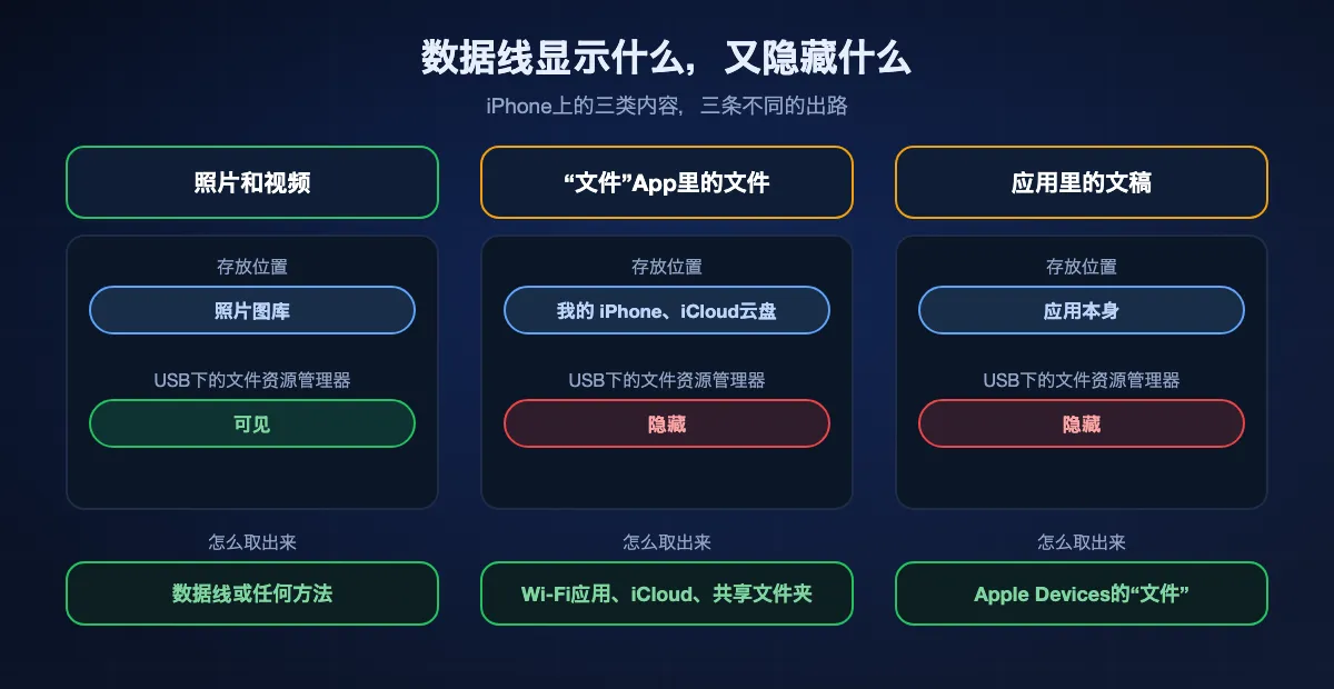 USB数据线在Windows电脑上对iPhone三类内容的显示情况：照片和视频在照片图库里，文件资源管理器能看到；“文件”App里的文件在“我的 iPhone”或iCloud云盘下，文件资源管理器看不到，所以要用Wi-Fi应用、iCloud云盘或共享文件夹；应用里的文稿同样看不到，要通过Apple Devices的“文件”取出。