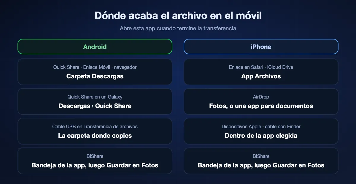 Dónde llegan al móvil los archivos del ordenador: en Android, Quick Share, Enlace Móvil y las descargas del navegador van a la carpeta Descargas y una copia por USB queda en la carpeta que elijas; en un iPhone, las descargas de Safari y los archivos de iCloud Drive están en la app Archivos, las fotos de AirDrop van a Fotos, los archivos añadidos con Dispositivos Apple quedan dentro de la app elegida y BIShare guarda los archivos en su bandeja.
