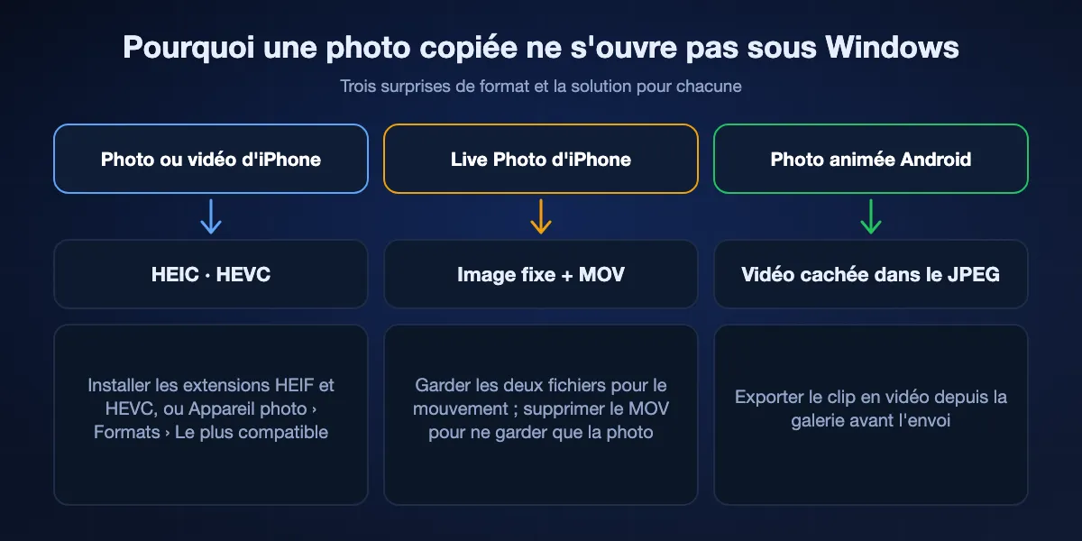 Ce qui arrive aux formats photo d'iPhone et d'Android sous Windows : HEIC et HEVC demandent les extensions HEIF et HEVC de Microsoft ou l'iPhone réglé sur Le plus compatible ; une Live Photo importée par câble devient une image fixe plus un MOV ; les photos animées Android gardent la vidéo dans le JPEG, exportez donc le clip avant.