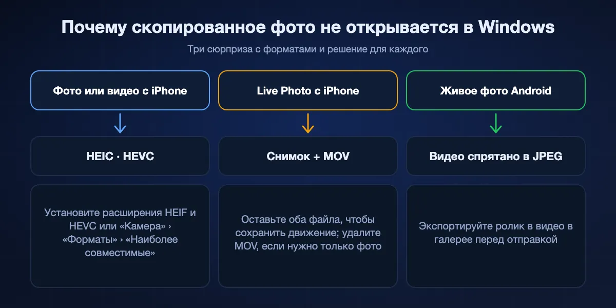 Что происходит с форматами фото iPhone и Android в Windows: HEIC и HEVC требуют расширений HEIF и HEVC от Microsoft или режима «Наиболее совместимые» на iPhone; Live Photo, импортированное по кабелю, становится снимком плюс MOV; живые фото Android хранят видео внутри JPEG, поэтому ролик нужно экспортировать заранее.