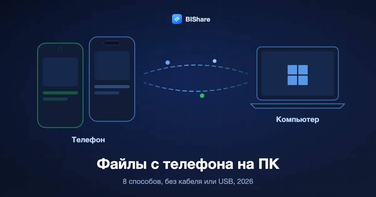 Телефон отправляет фото и файлы на ноутбук, заголовок: как перенести файлы с телефона на ПК, восемь способов, без кабеля или по USB, 2026.