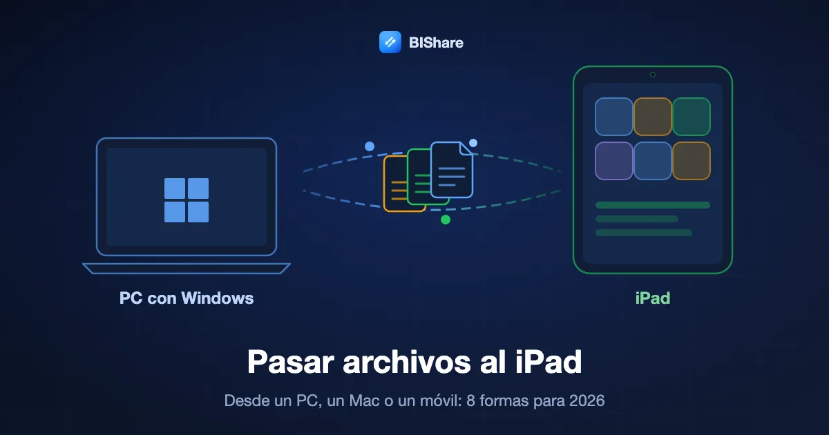 Un portátil con Windows enviando documentos a un iPad, con el título cómo pasar archivos al iPad, ocho formas para 2026.