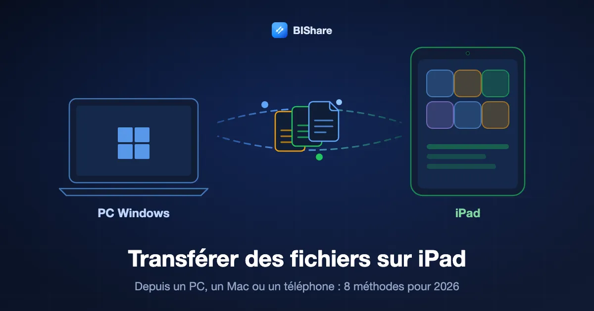Un portable Windows envoie des documents vers un iPad, avec le titre comment transférer des fichiers sur iPad, huit méthodes pour 2026.