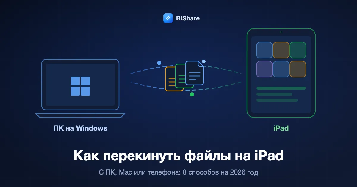 Ноутбук на Windows отправляет документы на iPad, заголовок: как перекинуть файлы на iPad, восемь способов на 2026 год.