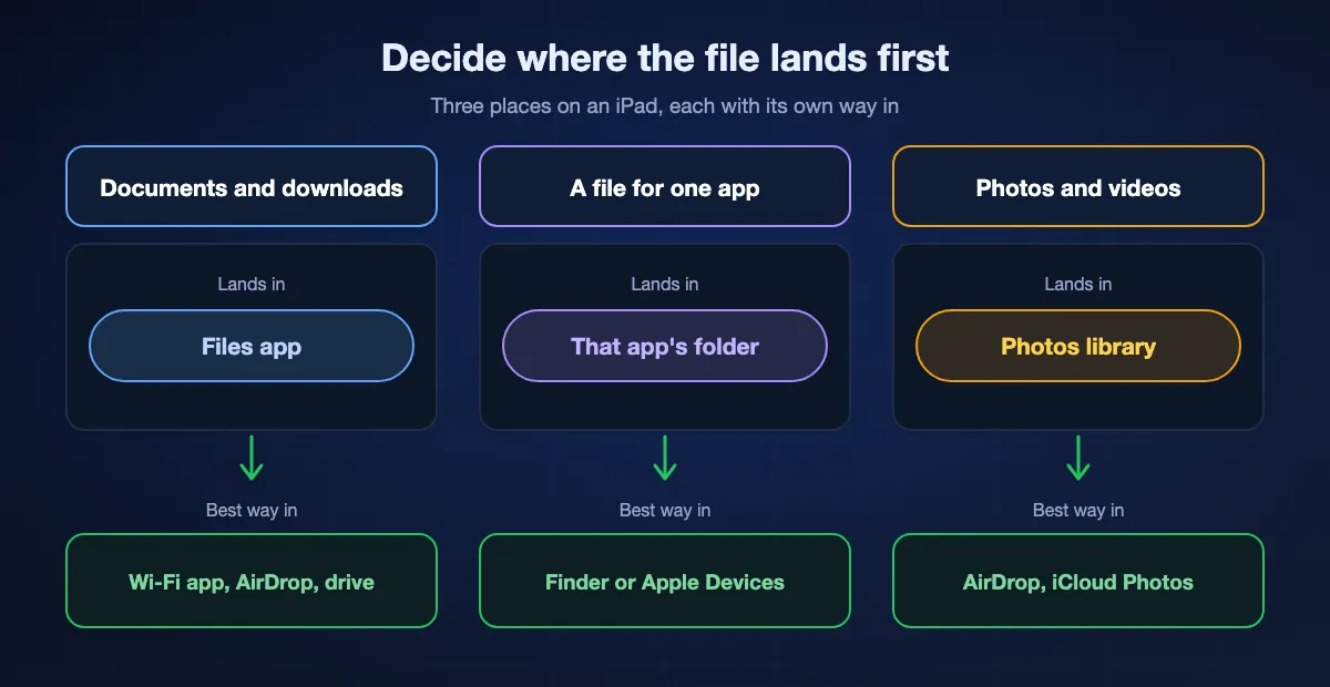 Where a file should end up on an iPad and the best way in: documents and downloads go to the Files app, sent over Wi-Fi, by AirDrop or from a drive; a file for one app goes into that app's folder through the Finder or Apple Devices; photos and videos go to the Photos library by AirDrop, iCloud Photos or Save Image.