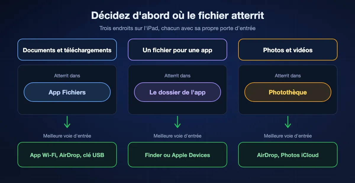 Où un fichier doit finir sur un iPad et la meilleure voie d'entrée : documents et téléchargements dans l'app Fichiers, via Wi-Fi, AirDrop ou une clé USB ; un fichier pour une app dans le dossier de cette app via le Finder ou Apple Devices ; photos et vidéos dans la photothèque via AirDrop, Photos iCloud ou Enregistrer l'image.