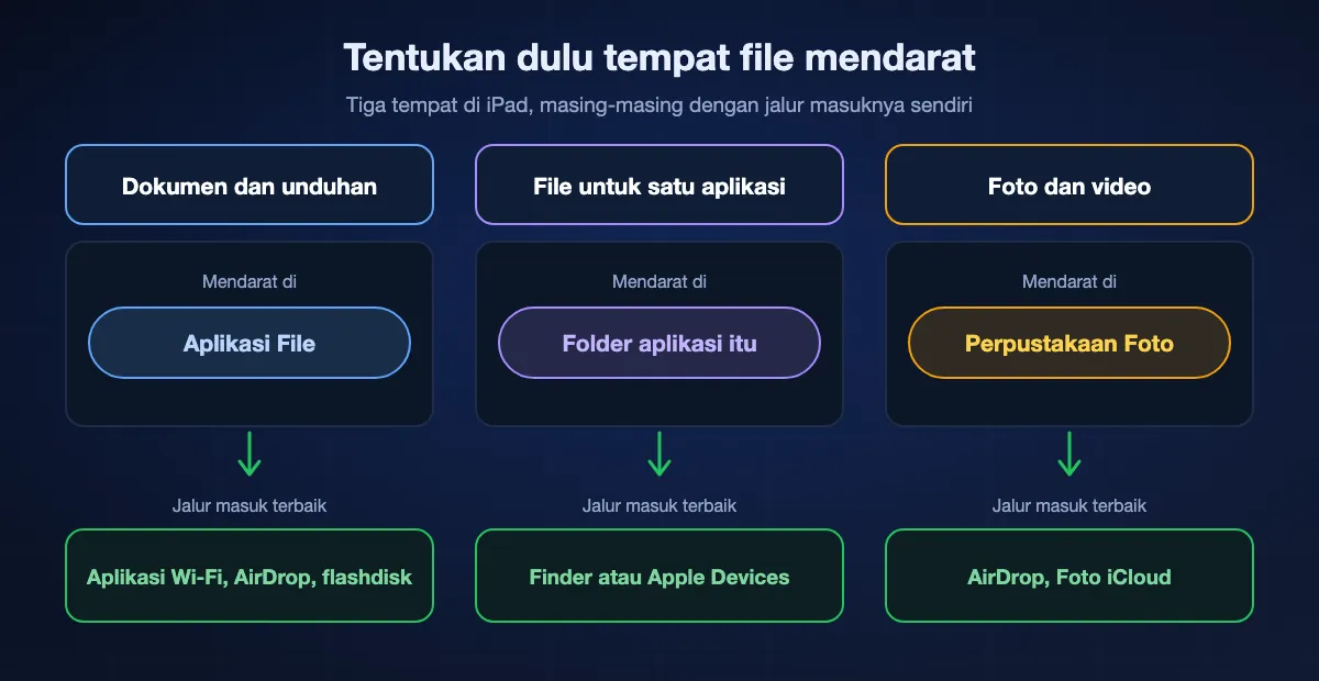 Di mana file sebaiknya berada di iPad dan jalur masuk terbaiknya: dokumen dan unduhan ke aplikasi File, lewat Wi-Fi, AirDrop atau flashdisk; file untuk satu aplikasi ke folder aplikasi itu lewat Finder atau Apple Devices; foto dan video ke perpustakaan Foto lewat AirDrop, Foto iCloud atau Simpan Gambar.