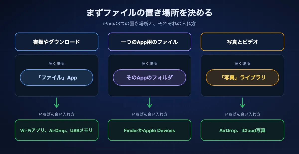 iPadでファイルを置くべき場所といちばん良い入れ方。書類やダウンロードは「ファイル」AppへWi-Fi、AirDrop、USBメモリで。一つのApp用のファイルはそのAppのフォルダへFinderかApple Devicesで。写真とビデオは「写真」のライブラリへAirDrop、iCloud写真、画像を保存で。