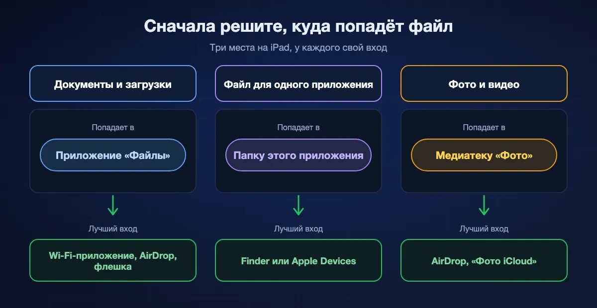 Где файл должен оказаться на iPad и лучший путь туда: документы и загрузки идут в приложение «Файлы» по Wi-Fi, AirDrop или с флешки; файл для одного приложения идёт в папку этого приложения через Finder или Apple Devices; фото и видео идут в медиатеку через AirDrop, «Фото iCloud» или «Сохранить изображение».