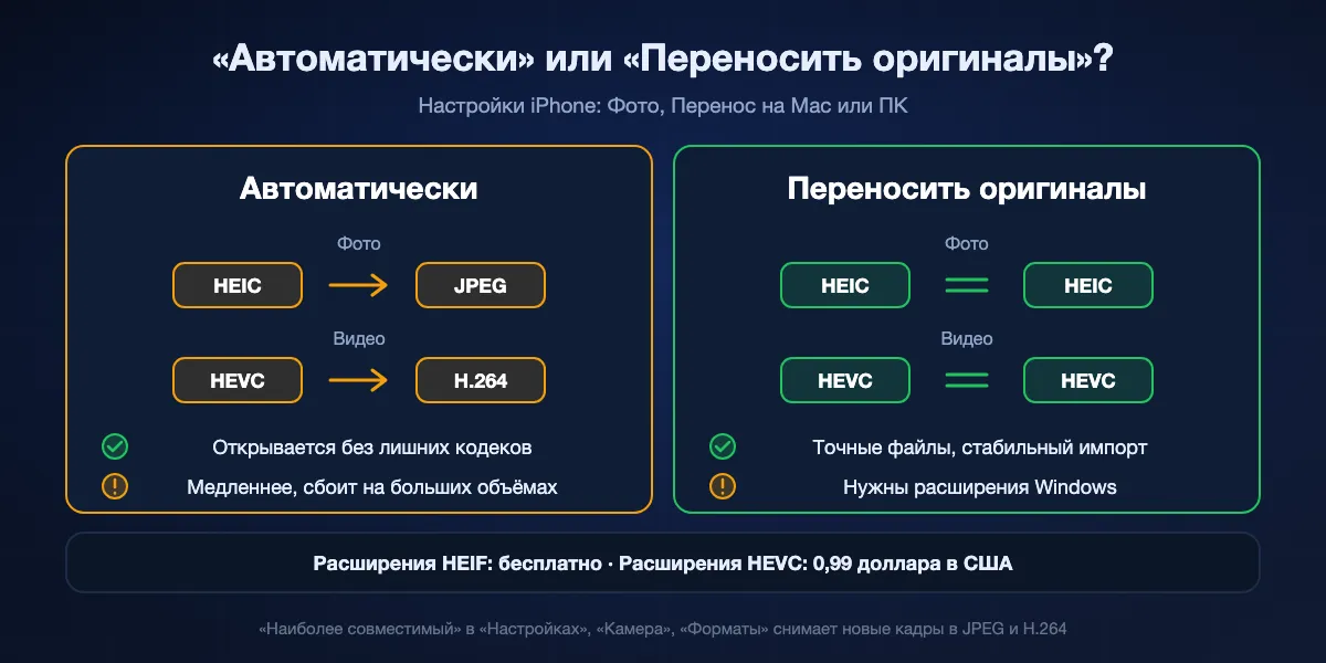 Настройка iPhone «Перенос на Mac или ПК»: «Автоматически» конвертирует HEIC в JPEG и HEVC в H.264 при копировании, открывается без дополнительных кодеков, но медленнее и может сбоить на больших объёмах; «Переносить оригиналы» копирует HEIC и HEVC как сняты, работает стабильнее и требует в Windows бесплатных расширений HEIF и платных расширений HEVC.