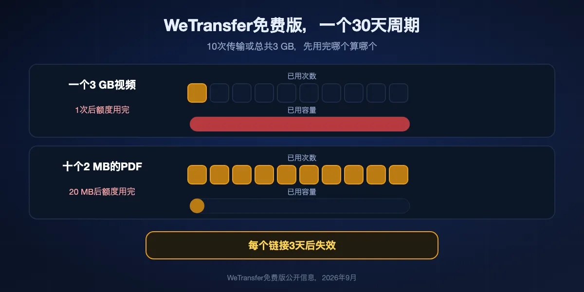 2026年WeTransfer免费版的计算方式：任意连续30天内10次传输或总共3 GB，先到哪个算哪个，每个链接3天后失效。一次3 GB的传输会用光整月额度，十次小传输也一样。