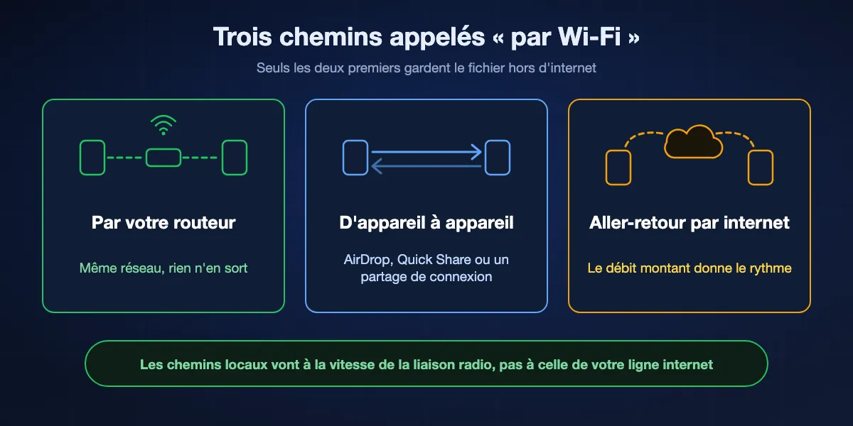Les trois chemins que l'on appelle par Wi-Fi : en passant par votre routeur, directement d'un appareil à l'autre, et un aller-retour par internet