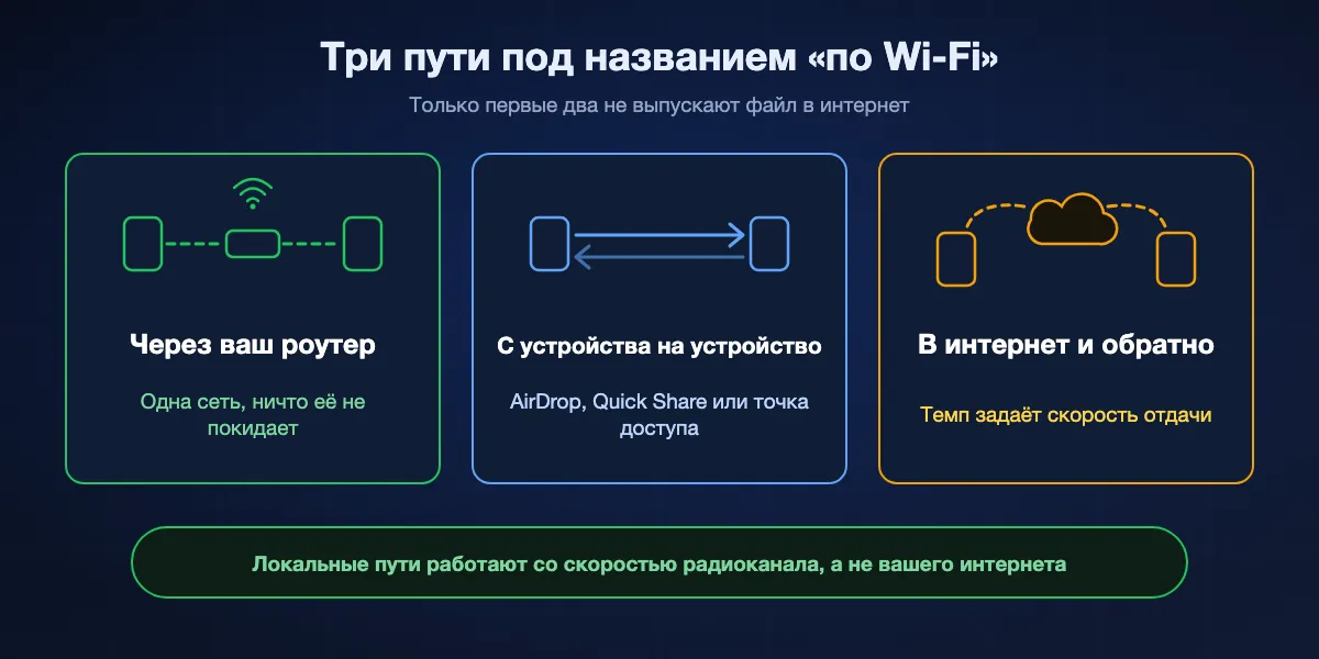 Три пути, которые называют передачей по Wi-Fi: через ваш роутер, напрямую с одного устройства на другое и в интернет и обратно