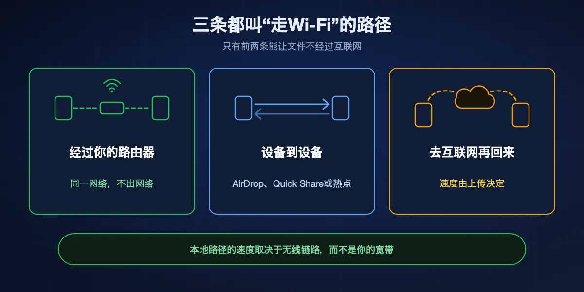 被称为走Wi-Fi的三条路径:经过你的路由器、从一台设备直接到另一台、去互联网绕一圈再回来